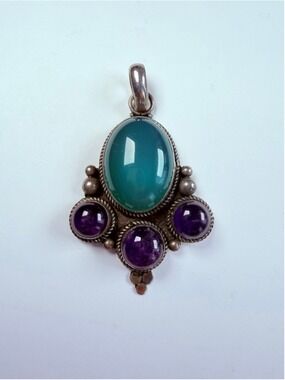 Chrysoprase & Amethyst Sajen Style Sterling Silver 925 Vintage Necklace Pendant